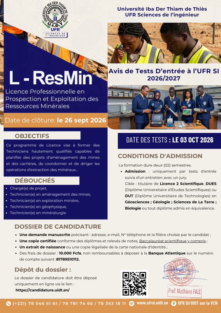 Avis de Tests D’entrée à l’UFR SI 2026/2027 L – ResMin – UFR-SI